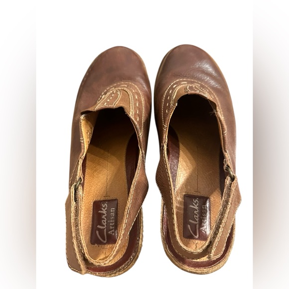 CLARKS Artisan Womens Size 8.5 Brown Leather Mule Round Toe Platform Sling - Picture 8 of 11